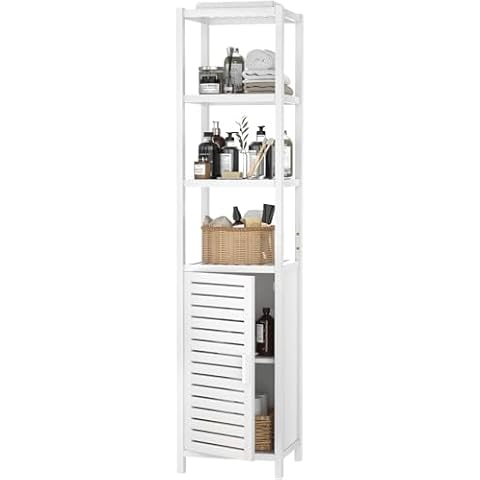 Homykic Bamboo Narrow Bathroom Storage Cabinet, 6-Tier 67 Inch Tall Floor Standing Slim Cabinet Organizer with Shutter Door and Open Shelves for Kitchen, Living Room, Corner, White Cover
