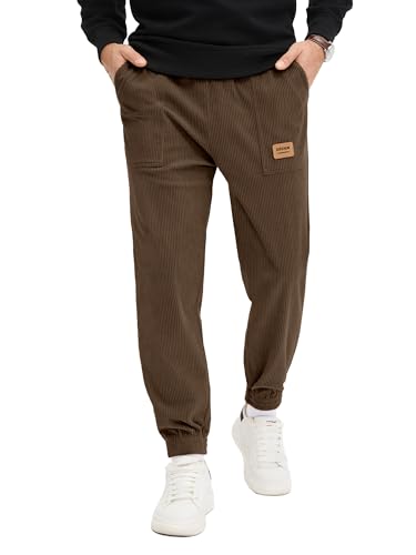 PLEPAN Mens Corduroy Pants Casual Joggers Drawstring Elastic Waist Tapered Sweatpants with Pockets