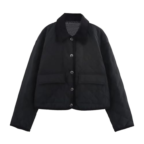 CNYUON Ropa de abrigo Chaqueta acolchada versátil de pana con solapa for otoño e invierno(L)