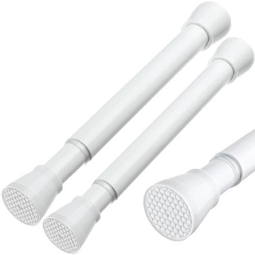 Image of MEXAU 2 Pack White Tension Rod 16 To 26 Inch Spring Tension Rod Adjustable Spring Curtain Rods No Drilling Short Curtain Rod Extendable Small Spring Tension Rod for Closet Cupboard Bars Refrigerator