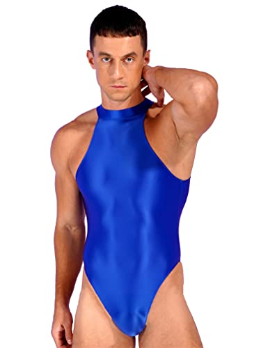 renvena Men's Mock Neck Sleeveless Tops Tight Bodysuit Oil Shiny Ballet Dance Leotard Swimsuit