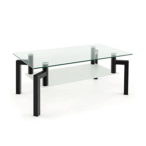 LIFEZEAL Tavolino da Salotto in Vetro Temperato, Tavolino da Caffè, Tavolino da Divano, Tavolino Basso a 2 Rpiani, Gambe in Metallo, per Soggiorno, Ufficio, Montaggio Semplice, Max 120kg, 100x60x43 cm