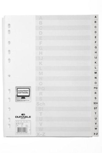 Durable 616402 - Divisorio Con Tasti Prestampati A-Z, F.To A4 Verticale, 24 Tasti, Copertina Personalizzabile, Foratura Universale, Bianco, 10 Pezzi