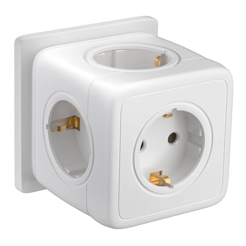 5-in-1 Cubo Enchufe, Power Cube Enchufe Multiple 3680W, 5 Port Cubo Enchufes Múltiples Pared, Ladron Enchufes Compatible con Phone, Hogar, Cocina, Oficina, Blanco