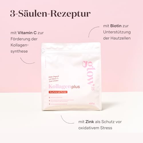 Glow25® Collagen Plus Pulver [450g] - Kollagen Hydrolysat mit Vitamin C, Zink und Biotin - Peptide Typ 1 und 3 - Gute Löslichkeit - Neutral 6