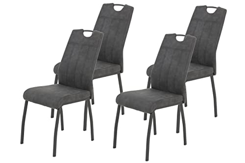 Hela Tische, Elif Lot de 4 Chaises de Salle à Manger et de Cuisine, Microfibre Gris foncé, Piètement Métallique Gris à 4 Pieds, Dossier avec Poignée,...