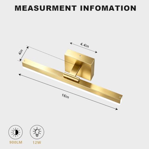 Image of IZORRO Modern Bathroom Vanity Light 16 inch, Rotatable, 12W Dimmable Led Bathroom Light Fixture Over Mirror, Gold Vanity Light Bar (Cool White 6000K)