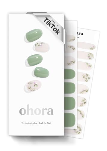 ohora Semi Cured Gel Nail Strips (N Spring Garden) - Green, Patterned, Works with Any UV/LED Lamps, Salon-Quality, Long Lasting, Easy to Apply &amp; Remove - Includes 2 Prep Pads, Nail File &amp; Wooden Stick
