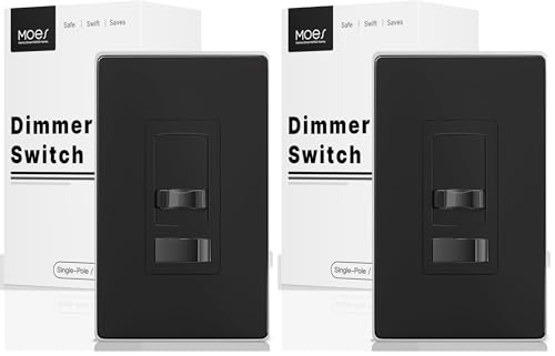 MOES Black Dimmer Light Switch, 3 Way &amp; Single Pole Dimmable for LED, CFL, Incandescent, Halogen, 600Watt Max, ON/Off with Dimming Slide for Bedroom Hallway, No Neutral Wire Required (Pack of 2)