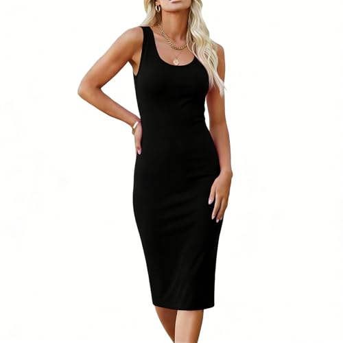 Image of Bodycon Dresses for Women UK Sleeveless Bodycon Midi Dress Slim Fit Sexy Body-Con Racer-Back Round Neck Pencil Dress Tight Warp Mini Dresses Tank Lounge Everyday Sundress Black