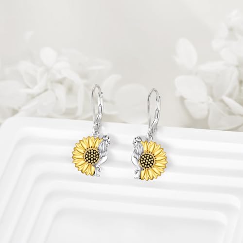 TIGER RIDER Chicken Rooster with Sunflower 925 Sterling Silver Dangle Earrings for Women Funny Animal Flower Jewelry Gifts for Birthday Christmas2