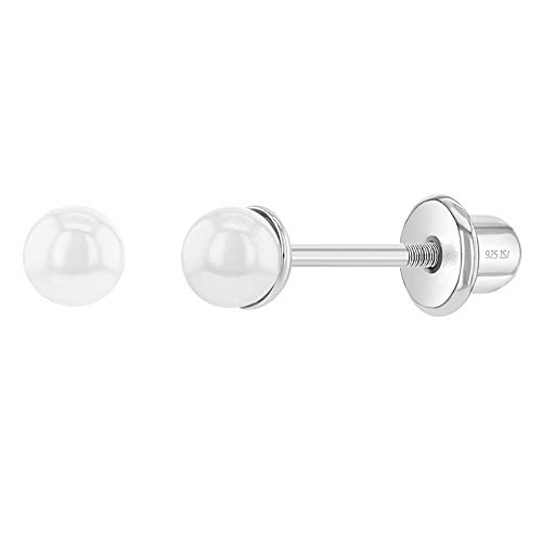 925 Sterling Silver Classic 3mm White Simulated Pearl Toddler Earrings Girls Baby