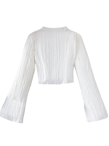 SweatyRocks Girl's Mock Neck Long Flare Sleeve Tee Shirt Solid Pullover Crop Tops White