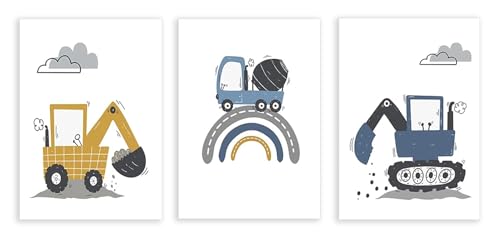 Peinture excavatrice et voiture d'enfant pour décoration mureaux | Posters chambre de garçon