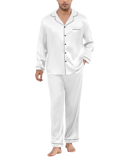 Image of Veseacky Mens Silk Satin Pajamas Set Short Sleeve Sleepwear Button-Down Pjs Sets Two-Pieces Loungewear with Pockets S-XXL
