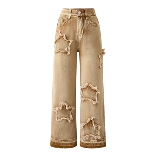 Girl's Y2K Star Applique Elastic High Waist Jeans Wide Leg Loose Denim Pants Raw Hem Hip Hop Streetwear Denim Jeans Trendy