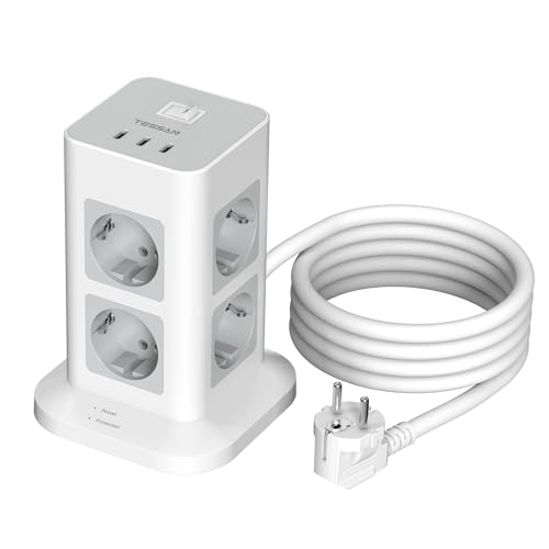 TESSAN 11 en 1 Regletas Enchufes Proteccion Sobretension 1700J, 8 Tomas Torre Regleta Vertical con 3 USB C, Alargador Enchufe 2M, Torre Multiple con Interruptor para Casa, Oficina, 3600W