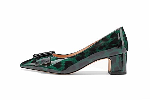 Fericzot Women's Pointed Toe Gold Metal Buckle Patent Slip On Block High Heel Pumps Shoes 2.2 Inch2