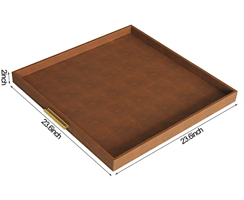 HofferRuffer Extra Large Square Serving Tray Brown Shagreen Elegant Faux Leather Ottoman Tray Gold Hardware Handles Serve Tea Coffee or Breakfast in Bed 24 x 24 inches