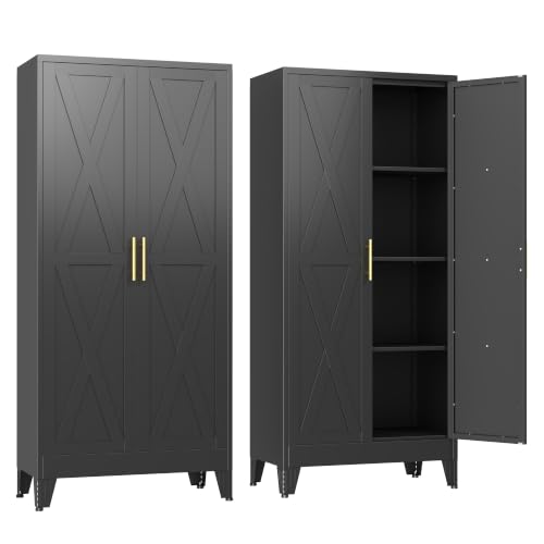 Image of GAIOUS 61 inch Tall Kitchen Pantry Cabinet,Metal Storage Cabinet Black Cupboard | Steel Office Cabinet, Freestanding Bookcase with 2 Doors and 3 Adjustable Shelves, Bathroom Kitchen Bedroom Garage Cabinet