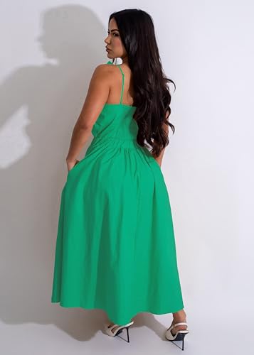 Image of YUEWOO Midi Dresses for Women Casual Summer Sundresses Vacation Outfits Spaghetti Strap Smocked Women Maxi Dress with Pockets