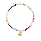 J&C DIY IMAGE Bubble Letter Pendant Charm Necklace for Womens, Handmade Trendy Initial Necklaces Choker,14K Gold Colorful Natural Stone Beaded Necklace, Perfect Jewelry Gift for Wife Girlfriends Sisters. (Letter S, Gold)