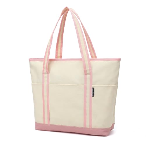 Image of Large Canvas Tote Bag for Women, Beach Bag with Zipper, Utility Tote Bag with 3 Front Pockets, Weekender Pool Bag