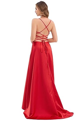 Image of Women's Prom Dress Long Train Side Slit Satin for Teens Strap Spaghetti Backless with Pockets Hunter Green