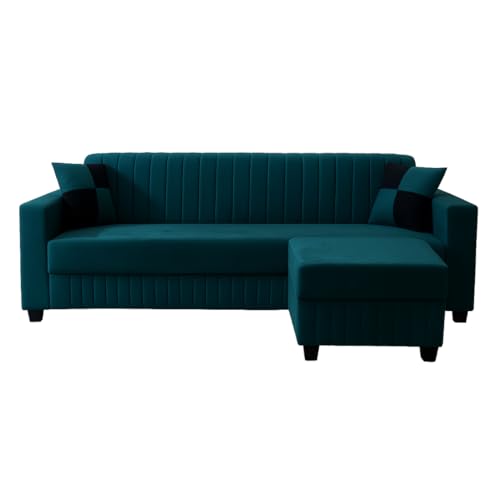 Image of FURNY Grovila Fabric 4 Seater Convertiable L Shape Sofa Set 3 Seater Modern Sofa Set & Ottoman for Living Room (GreenishTeal) with Velvet Fabric | Durable Comfort | Modern Design | Ideal f
