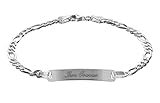 Markantes Gravur-Armband für Damen und Herren aus echtem Sterling-Silber, sportliche Figarokette. Länge: 19 cm, Gravurschildgröße 30 x 6 mm. Sicherer Karabiner-Verschluss