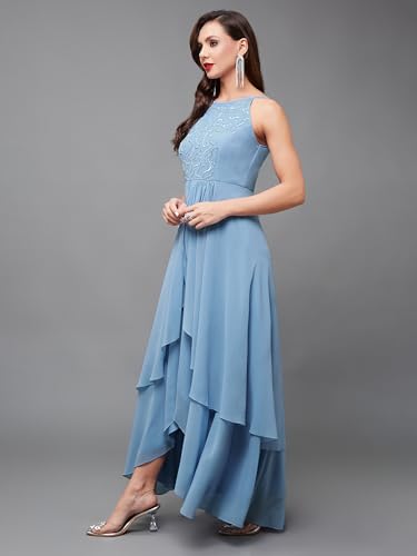 Image of Miss Chase Women's Round Neck Sleeve Embellished Fit Flare Maxi Dress
