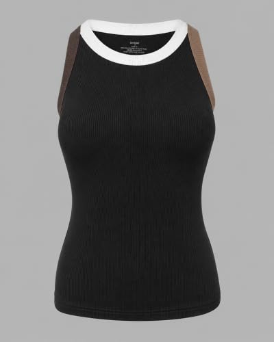 Image of CHICME Womens Sleeveless Ribbed Built in Bra Tank Tops | Color-Block, Crewneck Padded Racerback Shirts, Slim Fit, High Stretch Fabric, Casual Basic Tank for Going Out & Layering