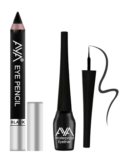 AYA Waterproof Eyeliner 5 ml & Eye Pencil Kajal 2.8g, Bold Eye Looks, Long-Lasting, Liner & Kajal Combo Pack, Essential Eye Kit, Black