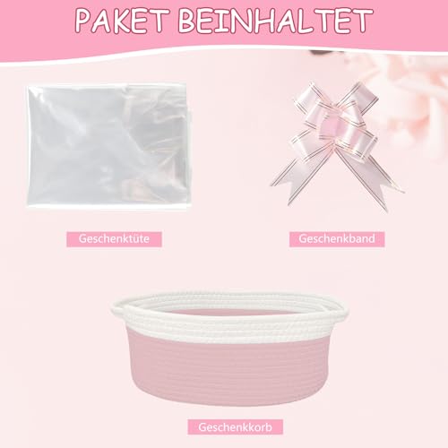 Geschenkkorb Leer, Aufbewahrungskorb, Geflochten Korb für Geschenke mit Geschenktüten und Bändern, Präsentkorb Leer für Geburtstag, Hochzeit, Babyparty, Erntedank, Weihnachten (Rosa und Weiß)