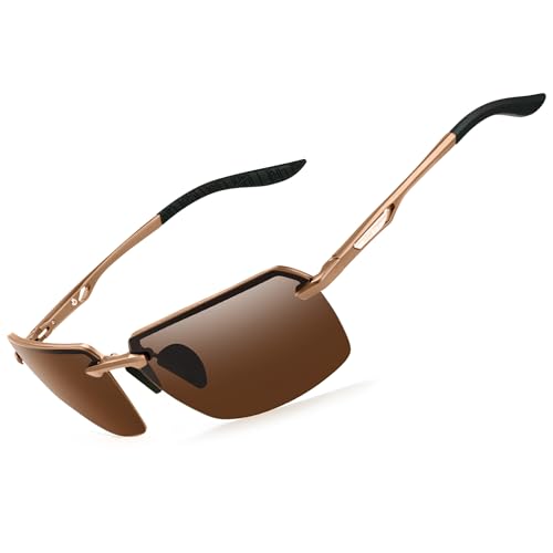 Image of BIRCEN Mens Polarized Sunglasses for Driving: Rimless UV Protection Sun Glasses with Al-Mg Frame for Fishing Traveling Golf