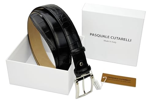 Image of Men's Italian Crocodile Embossed Leather Belt | Genuine Italian leather. Refined crocodile embossed texture. 35mm (1.38 inch) dress width. Handmade in Italy. Gift boxed.