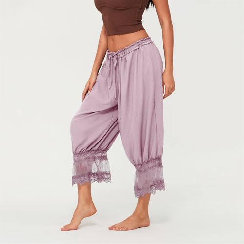 Women Long Bloomer Pants Y2K Elastic Waist Lace Trim Pantaloons Cropped Slip Pants Loose Casual Capri Pajama Bottoms4
