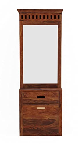 Image of Solid Wood Wooden Dressing Table For Bedroom With 2 Drawer, Mirror And Huge Storage Space With Stool | Long Dresser Table With Mirror | (Casual-Style-01) - Yellow