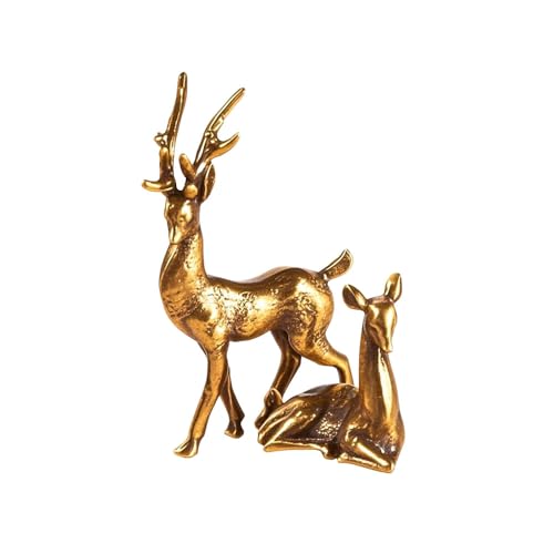 NOIAFZY 2PC Handcrafted Brass Deer Statues Small Collectible Decorative Animal Sculptures for Miniature Indoor Decor