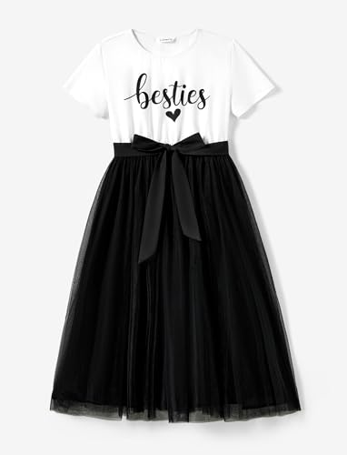 Image of PATPAT Mommy and Me Matching Short-Sleeve Cotton Solid Mesh Tulle Belted Long Dresses