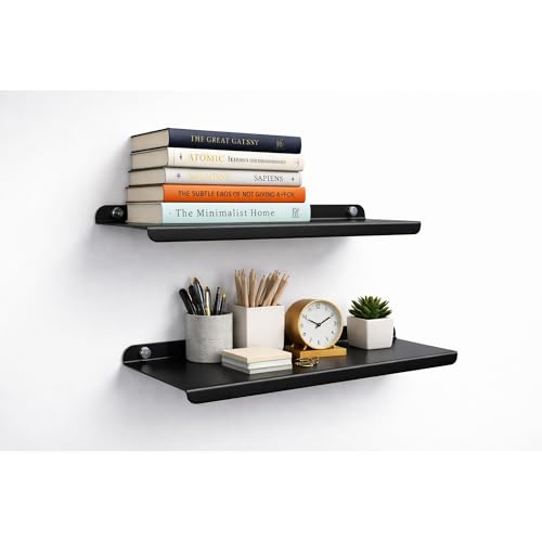 Image of 12 Inch Set 2 Black Wall Shelf - Metal Floating Shelf for Wall, Wall Mounted Shelves, Modern Wall Shelf for Bedroom & Living Room Storage, Minimalist Wall Mount Shelf (30.48 CM Long X 12 CM deep)
