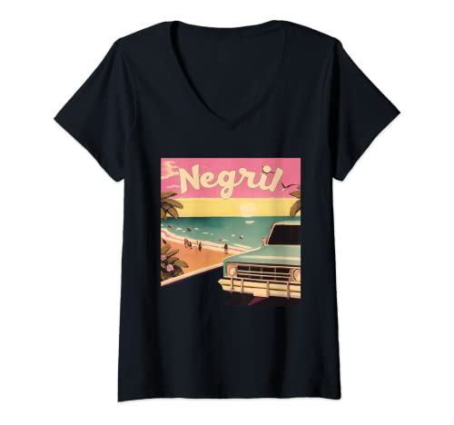 Femme Souvenir de vacances rétro sur la plage de Negril, Negril, Jamaïque, Surf T-Shirt avec Col en V