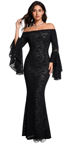 Image of HOYISHION Women's Off The Shoulder Floral Lace Maxi Dress White Bridesmaid Wedding Party Maternity Photoshoot Long Dresses