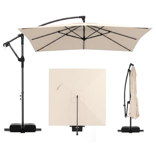 COSTWAY Parasol Déporté 2,5 x 2,5 M, Parasol Rectangulaire avec 8 Baleines Robustes, Manivelle, Rotation à 360°, Protection UV, Base Lestée, 2 Sacs de...