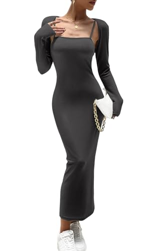 Image of Women's Spring Fall 2 Piece Outfits Slip Bodycon Maxi Dress and Long Sleeve Cropped Cardigan Knit Matching Sets