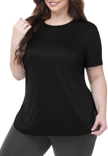 baleaf Workout Tops for Women Plus Size Short Sleeve Loose Fit Shirts Crew Neck Quick Dry UPF50+ Athletic Gym Yoga Black 3XL