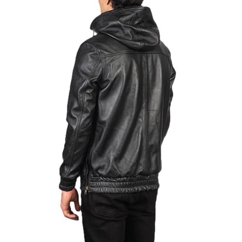 Men's 100% Real Lambskin Leather Hooded Pullover Jacket Classic Bomber Biker Jacket Casual Wear Hoodie3