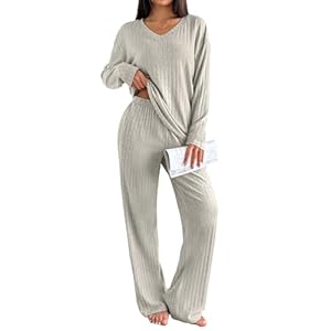 Ekouaer Lounge Sets for Women Long Sleeve Knit Ribbed Pajama Sets 2 Piece Casual Loungewear with Pockets