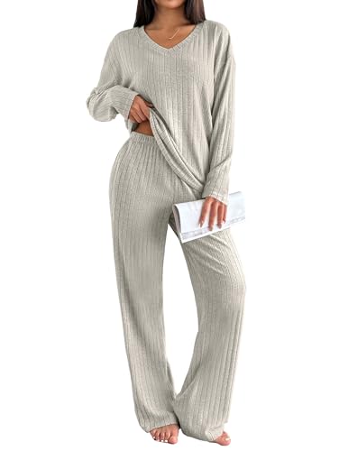 Ekouaer Lounge Sets for Women Long Sleeve Knit Ribbed Pajama Sets 2 Piece Casual Loungewear with Pockets Apricot