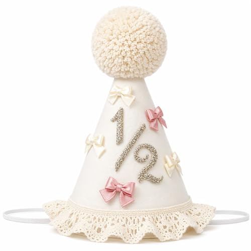 Packyouth Bow 6 Month Birthday Hat for Girls – Boho Half Birthday Crown with Satin Bows, Lace Trim & Glitter 1/2" | Cake Smash Photo Prop | Stretchy Elastic Strap(COLOR-3, 1/2)